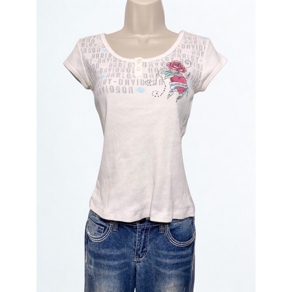 Harley Davidson Ribbed Short Sleeve Henley Tee Heart and Rhinestone Details